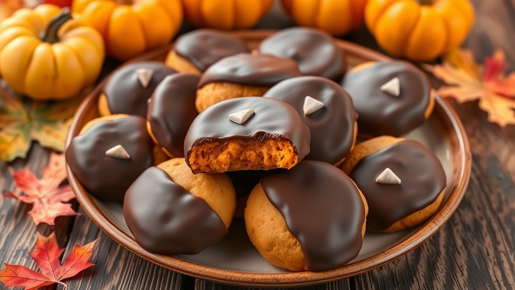 Chocolate-dipped pumpkin cookies on a plate, surrounded by autumn decorations.